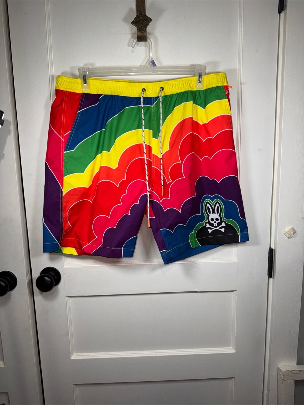 Psycho Bunny Men’s Rainbow Wave Swim Shorts - Red, Yellow, Green, Blue, Purple